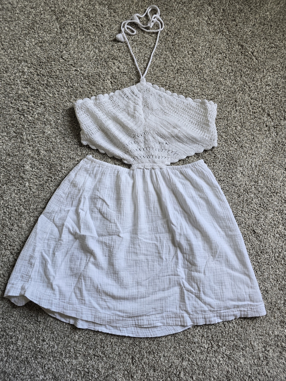 aerie White Crocheted Halter Mini Dress with Gauze Skirt - Picture 1 of 4